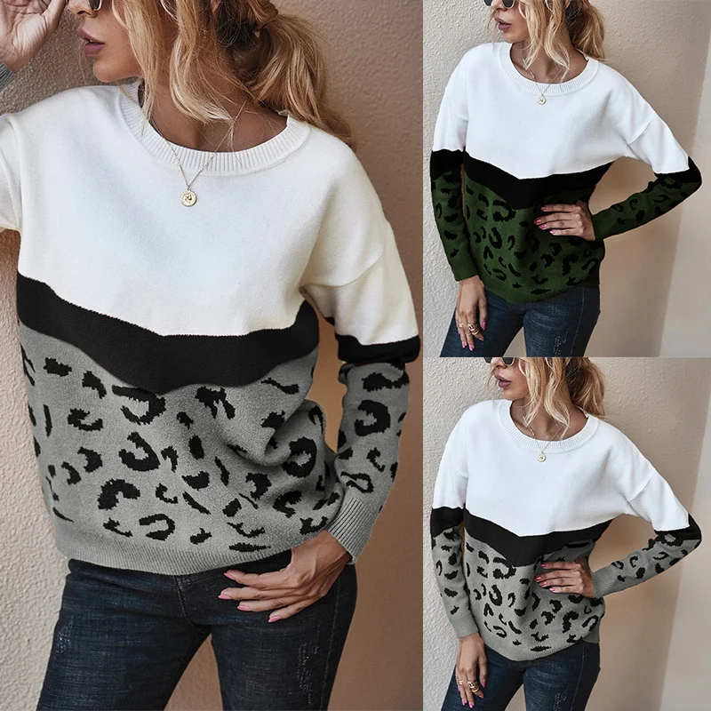 

Женский трикотажный свитер с леопардовым принтом, круглым вырезом и длинными рукавами