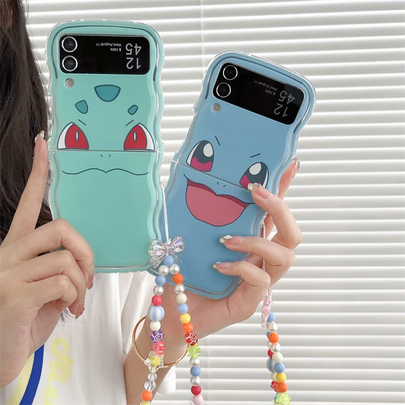 

Корейский цветной чехол для телефона с подвеской-цепочкой и бусинами для Samsung Galaxy Z Flip 4 3 Z Flip3 zFlip4 5G, милые Мультяшные силиконовые чехлы