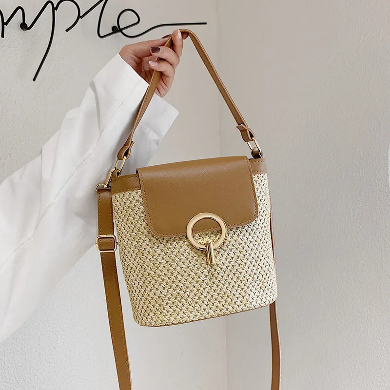

2022 New Bucket Bag Straw Woven Women's Bag Fashion Leather Woven Shoulder Bag Messenger Bag Satchels Free Shipping Purse Bolsos