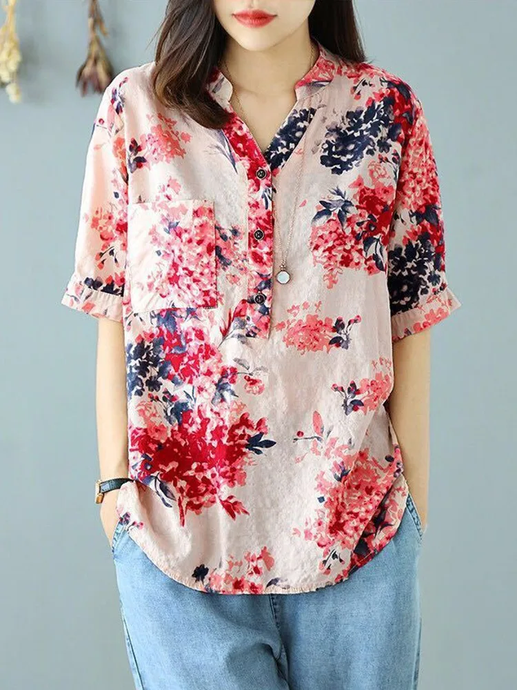 

Women Summer Casual Shirts New Arrival 2022 Vintage Style V-neck Floral Print Loose Female Short Sleeve Cotton Tops Shirt D164