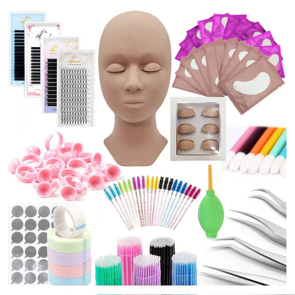 

False Eyelash Extension Kit Set for Beginner Mannequin Head Lash Brush Tweezers Glue Ring Eye Pad Eyelash Extension Accessories