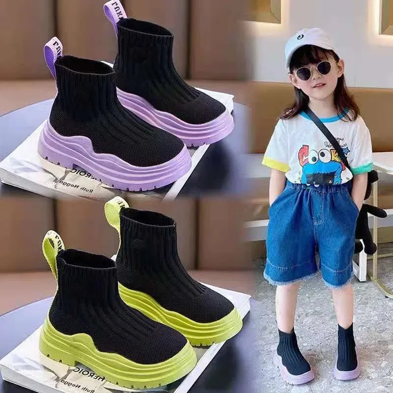 

Girls Casual Knitted Shoes Kids Slip-on High-top Sock Sneakers Children Autumn Winter Sports Shoes 3-15 Years Teenagers Trend