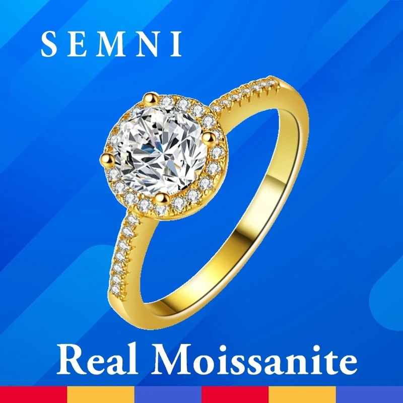 

SEMNI 1.0ct Муассанит бриллиант круглое кольцо для женщин девушек 14K позолоченное искусственное серебряное кольцо обещания подарок любимой ювелирные изделия