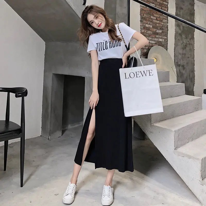 

Skirts Spring And Autumn High Waist Long Side Split Female Modal Black A-line Slim Half-length Joker