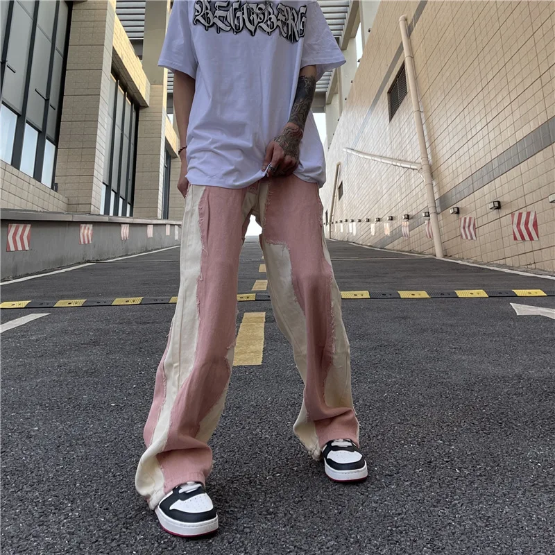 DEEPTOWN Y2K Patchwork Jeans Men Hip Hop Straight Denim Pants Loose Casual Streetwear Trousers Male Fashion Black Pink Plus 4XL