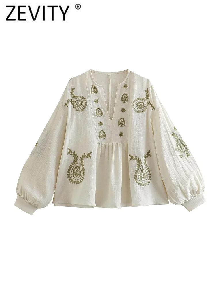 

Zevity Women Fashion Paisley Flower Embroidery Kimono Smock Blouse Female V Neck Lantern Sleeve Shirt Chic Blusas Tops LS4172