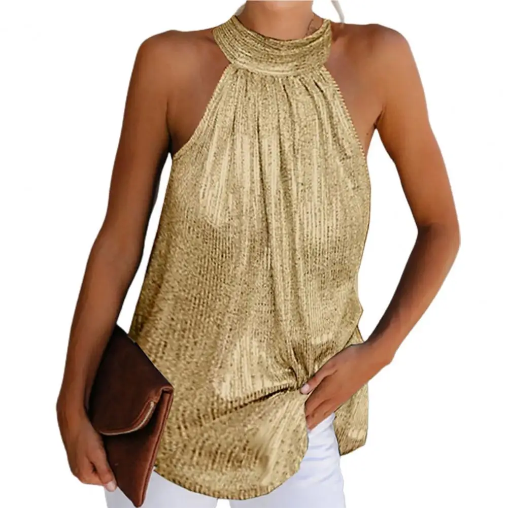 

Off Shoulder Pleated Loose Pullover Top Lady Summer Sleeveless Halter Vest Ladies Clothing