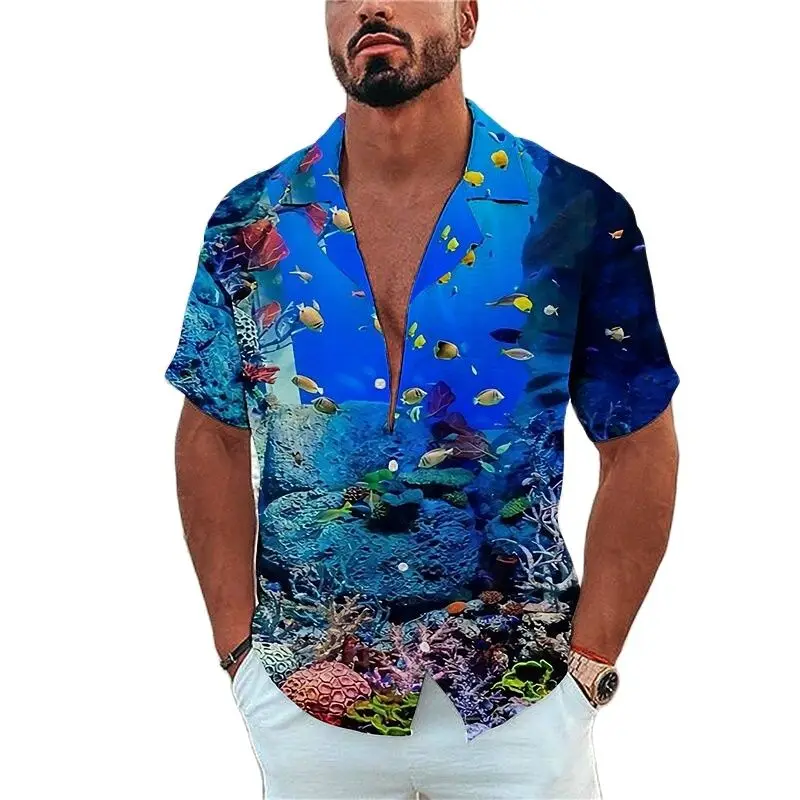 

Men's Shirt Marine Life Printing Tees Beach Vacation Style Hawaiian Shirt Fashion Lapel Single-Breasted Leisure Short SleeveTops