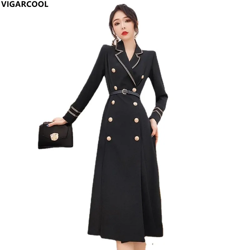 

Black over-the-knee Temperament Dress Women's 2022 Spring New double-breasted suit collar mid-length British style Fashion Dress