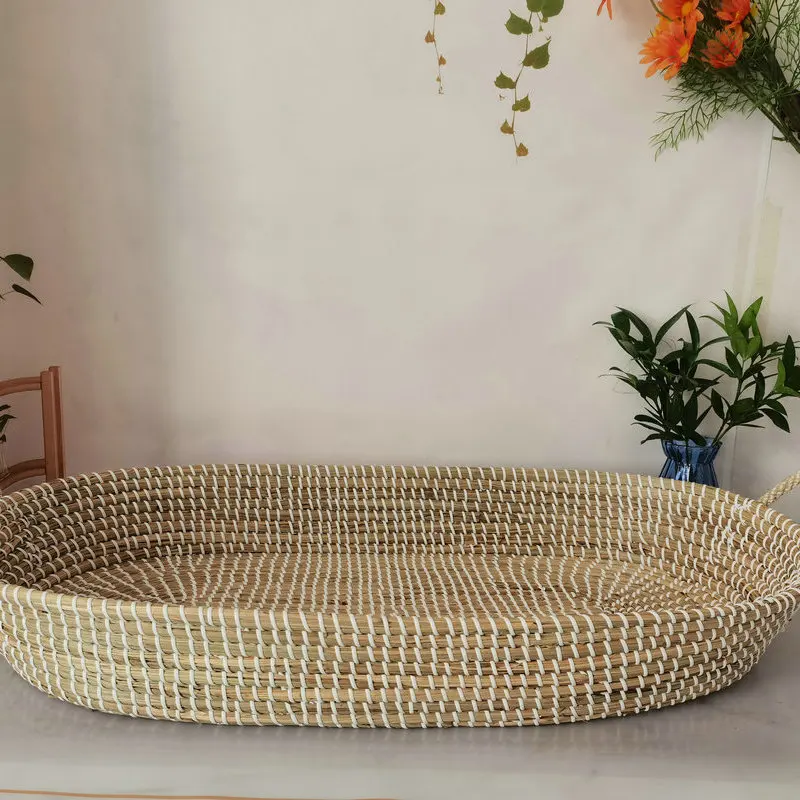

Newborn Baby Cradle Straw Woven Primary Color Outdoor Flat Lay Portable Carry Basket pastoral style Handmade Sleeping Basket
