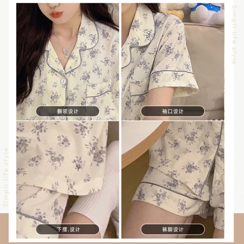 Pajamas for Women's Summer Cotton Short-sleeved Sleepwear Suit Thin Section Cool Feeling Elegant Fairy Style Lapel Loungewear