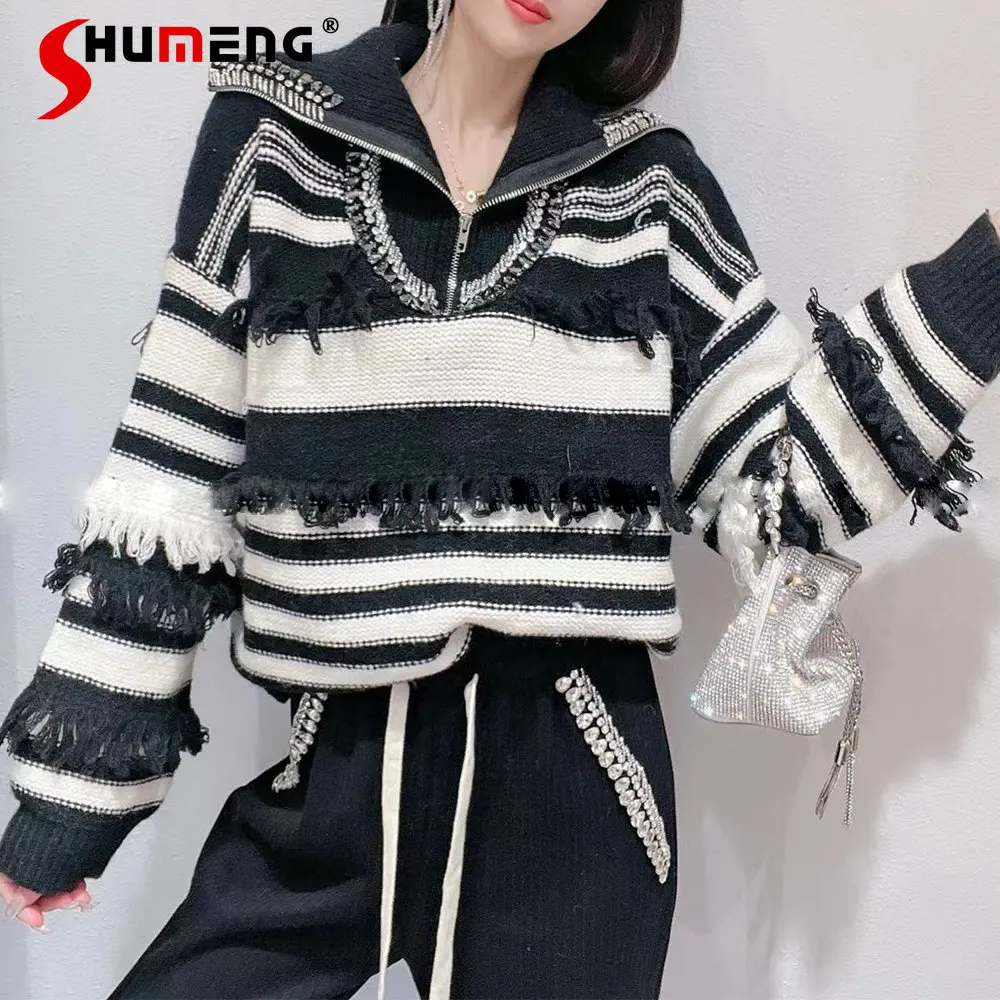 

Женский Зимний вязаный свитер, новый корейский модный милый свитер, элегантный полосатый Свободный Топ контрастных цветов Для стройных дам