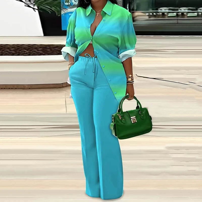 

2023 New Ladies Pant Sets Fashion Solid Print Turn-down Collar Shirts and Wide Leg PantsTwo Piece Sets Spring Casual Loose Suits