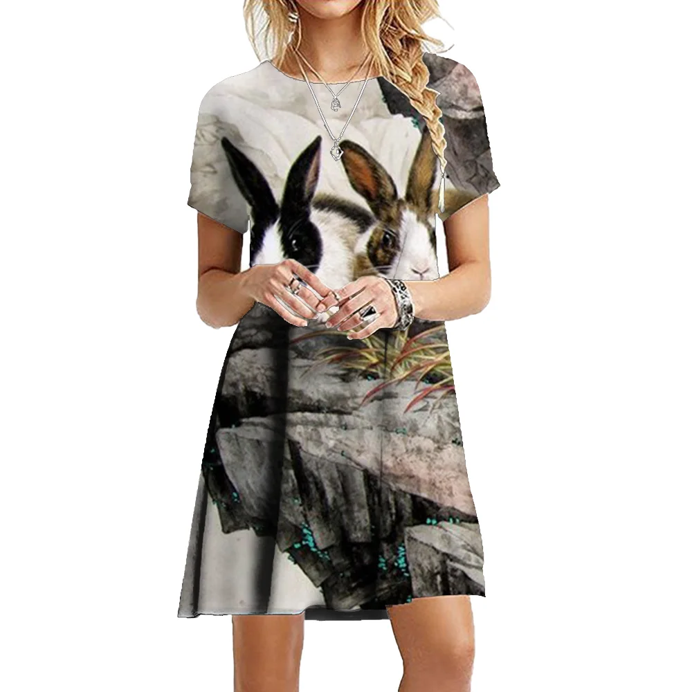 

Женское летнее платье с коротким рукавом и принтом кролика