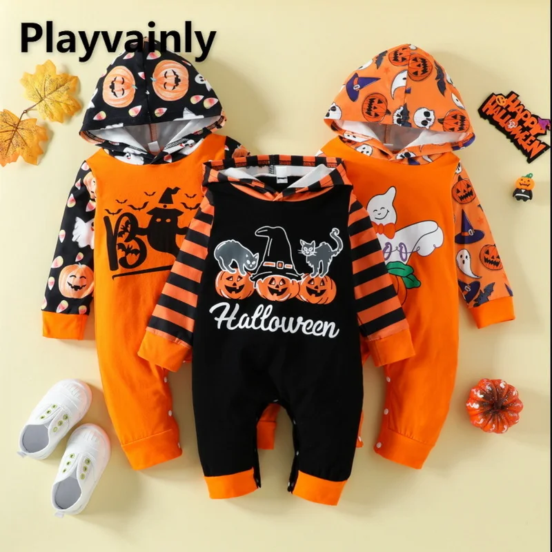 

Костюм на Хэллоуин для маленьких мальчиков и девочек, боди с мультяшным принтом и длинным рукавом, Детские наряды для новорожденных E13