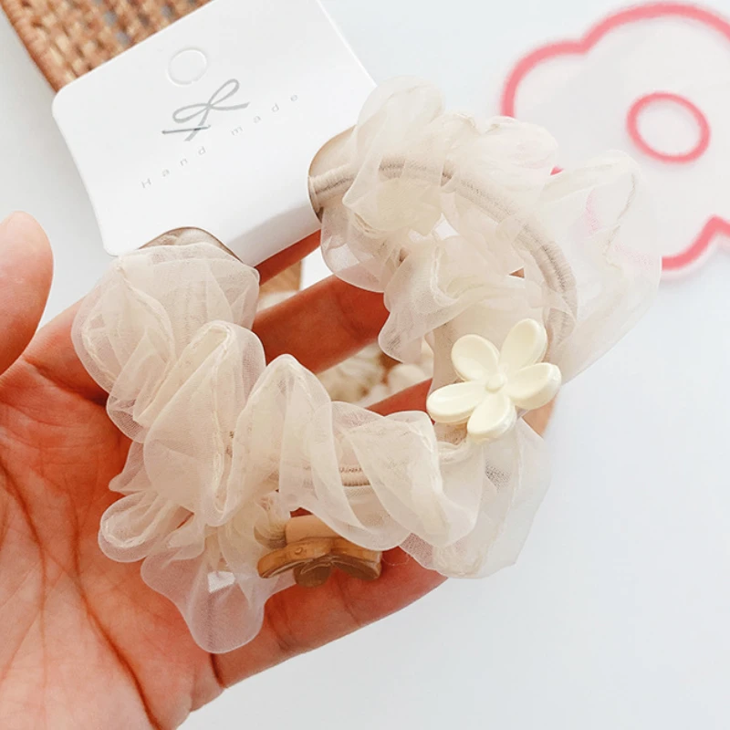 

2 PCS New Super Fairy Organza Milk Tea Color Hair Tie Wrinkled Large Sweet Ball Intestine Hair Ring Baby Girls Hair Accessories
