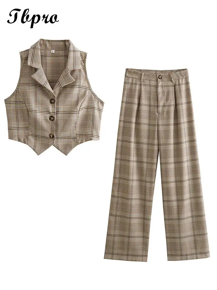 

Elegant Plaid Sleeveless Blazer Jacket Set Women Lapel V Neck Coat Two Pieces Sets Spring Chic Casual Office Lady Pants Suit