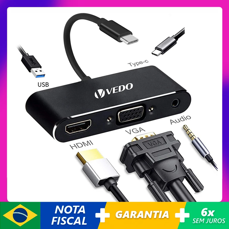 

5 em 1 Hub USB 3.0 VGA Adaptador de Laptop PD Charge 5 Portas Compatível com HDMI 4K 3.5mm Áudio Laptop Tipo-C Splitter Docking Station para MacBook Samsung S20 Dex Surface Xiaomi 10 TV PS5