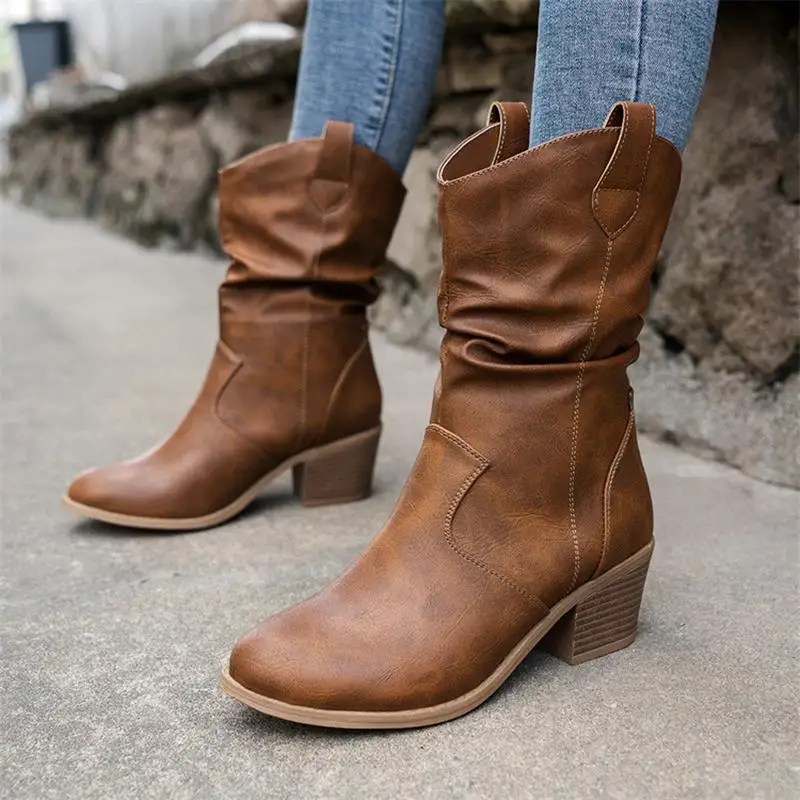 

Vintage Western Cowboy Boots For Women Square Heels PU Leather Mid-Calf Shoes Autumn Winter Knight Boots Ladies