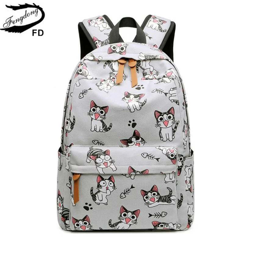 

Fengdong school bags for teenage girls schoolbag children backpacks cute animal print canvas school backpack kids cat bag pack
