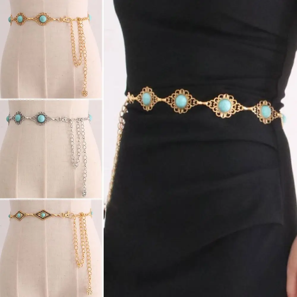 Fashion Elegant Dress Trendy Agate Stone Waistband Metal Chain Belt Waist Band Slimming Cummerbands