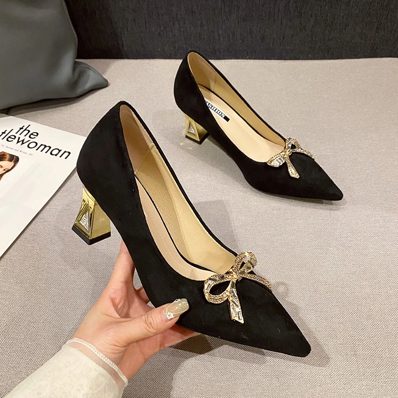 

2023 New Pumps Women Fashion Bow Block High Heels Shoes Female Toe Rhinestone Party Single Shoes Ladies Sexy Zapatos Mujer