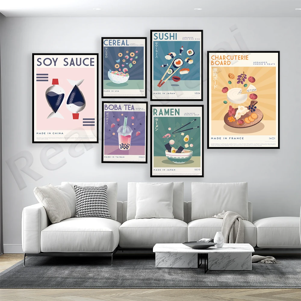 

Сыр, суши, чай boba, рамен, соевый соус, хлопья для завтрака, плакат с подвеской на удачу, японский плакат, датский пастель, подарок для еды