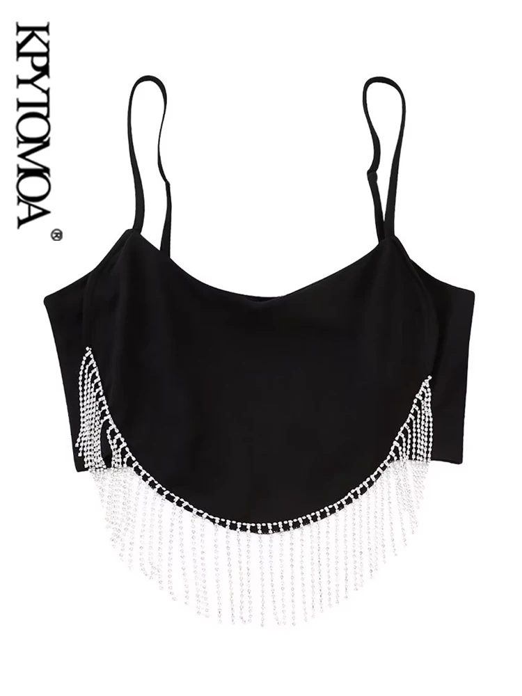 

KPYTOMOA Женская мода с бахромой вязаный кроп-топ с открытой спиной Тонкие Бретельки женский Camis Mujer