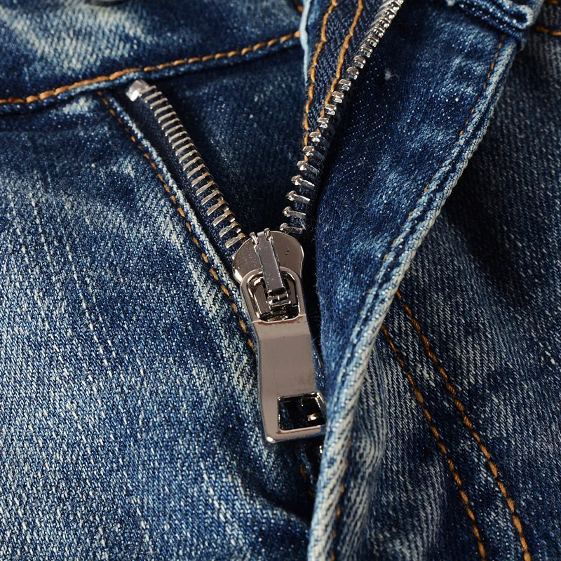 Street Fashion Men Jeans Leather Patch Retro Blue Stretch Skinny Ripped Jeans Men Three Headed Snake Design Hip Hop Brand Pants