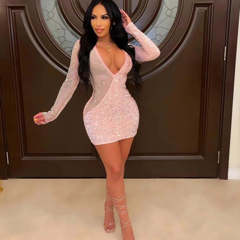 

Hot Sexy Mesh Sequin Party Club Pink Mini Dress Women Long Sleeve V Neck See Through Bodycon Evening Dresses Vestidos 2022 New