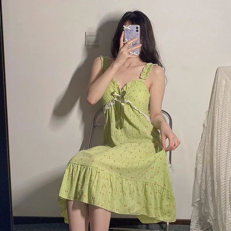 Sling Woven Jacquard Mid Length Nightdress Sweet Nightdress Homewear  women nightgown  шелковое платье