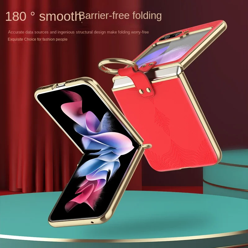 

Emboss Plating Leather Cover With Finger Ring Holder or Samsung Galaxy Z Flip 5 4 Flip5 Flip4 5G Electroplated Phone Case
