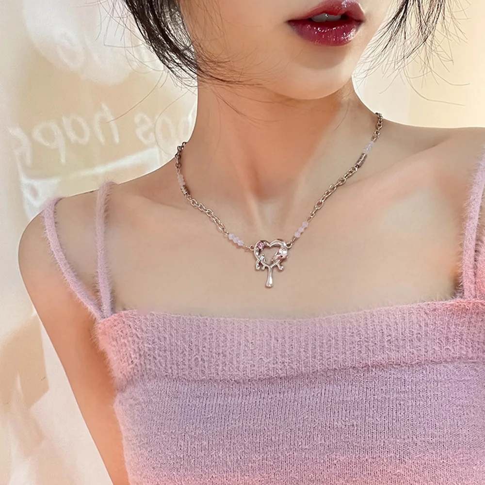 

Sweet Droplets Liquid Lava Heart Pendant Necklace Y2k Heart Crystal Zircon Pearl Tassel Short Necklace Choker Clavicle Chain
