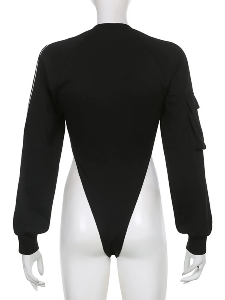 lich Damskie body w stylu streetwear czarny top z nadrukiem litery mieszanka bawełny obcisły krój długi rękaw