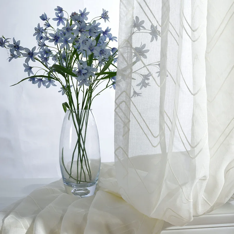 

Embroidered Curtain White Embroidered Window Screen Fabric Door Screen Curtains for Living Room Dining Bedroom Geometric Wave