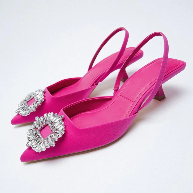 Zapatos de tacón bajo con punta en pico para mujer, Mules de tacón bajo con diamantes, color Nude, rosa, fiesta, boda, 2022