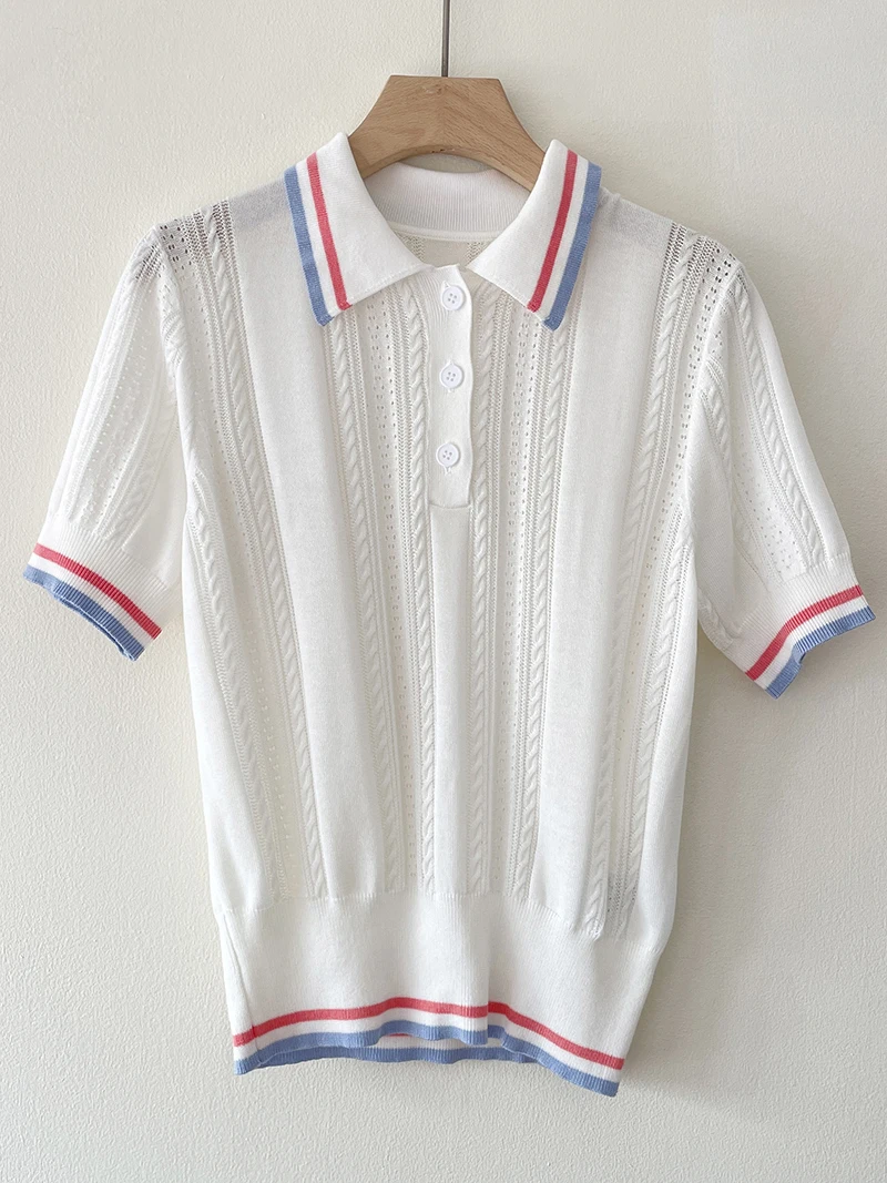 

Женская футболка-поло с коротким рукавом, Летняя трикотажная футболка-поло в Корейском стиле