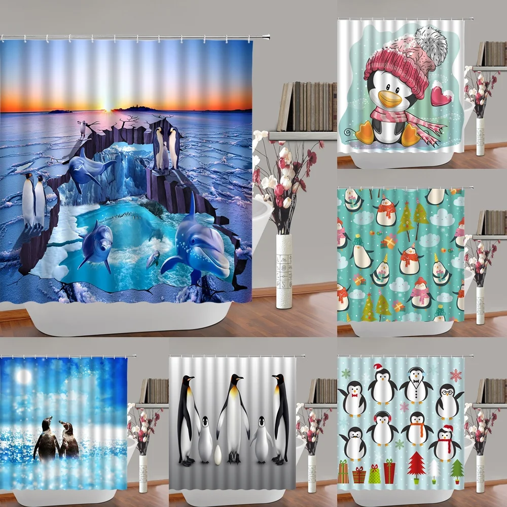 

Cute Penguin Shower Curtain Cartoon Animal Roaming Antarctic Ice Field Funny Nature Scenery Fabric Bathroom Curtains With Hooks