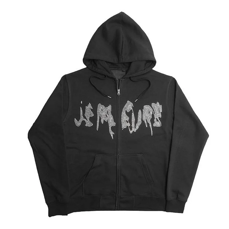 

2023 Rhinestone Zipper Hoodie Men's Loose Harajuku Y2K Style Black Streetwear Unisex Gothic Pop basic zip up Clothes