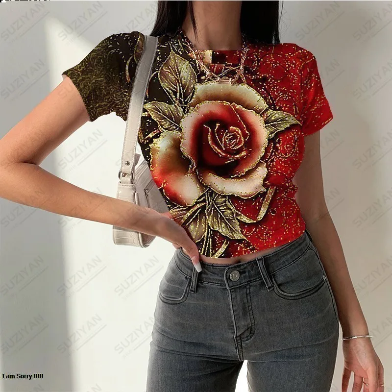 

2023 Fashion Women's Tight Short Sleeve T-shirt Casual 3D Printing Simple Temperament Women's Round Neck Short Sleeve Short Top