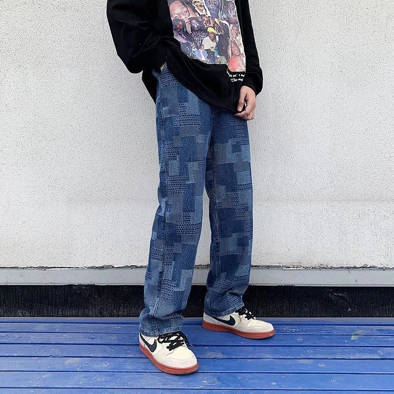 

Синие/черные клетчатые джинсы, мужская мода, ретро, повседневные Прямые джинсы, Мужская Уличная одежда, свободные джинсовые брюки в стиле хи...