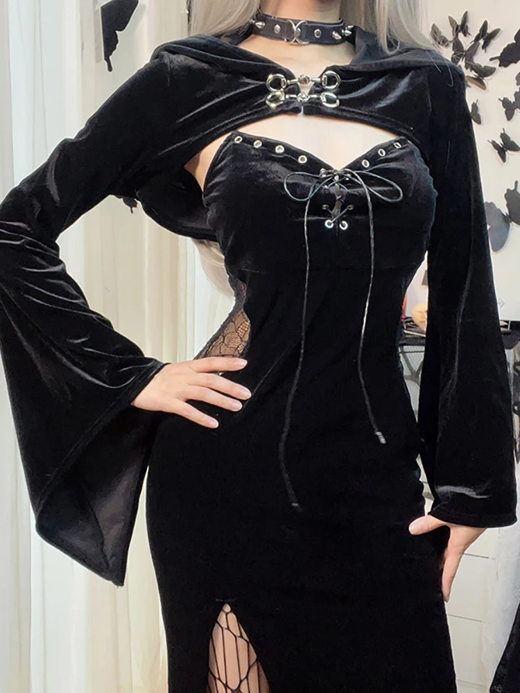 Goth Dark Bandage Gothic Elegant Women High Split Dresses Lace Side Transprent Grunge Midi Dress Flare Sleeve Alt Crop Shrug Top images - 6