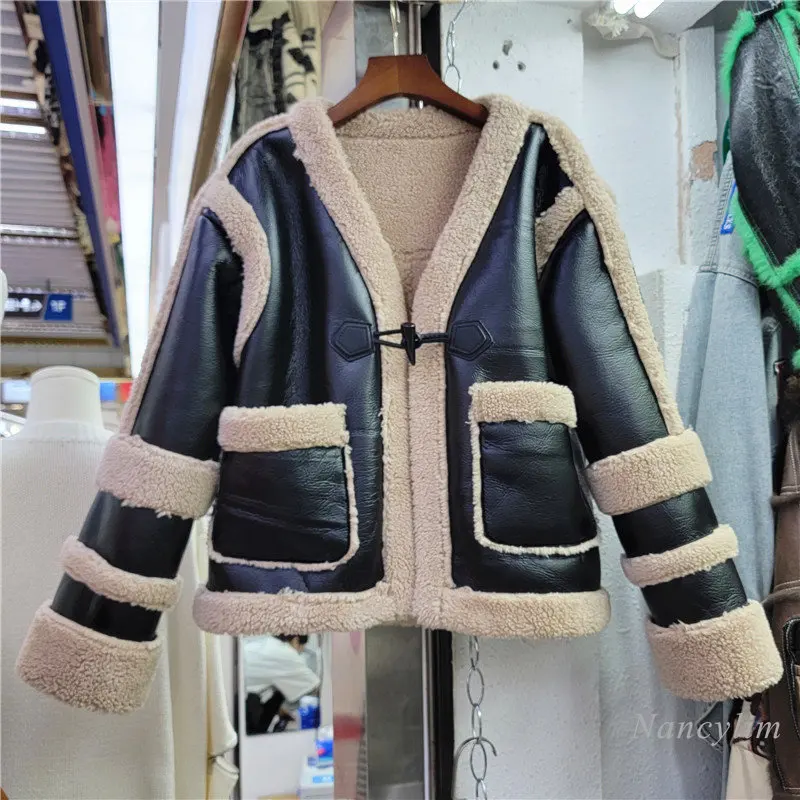 Enlarge 2022 Winter Women's PU Leather Fur Jacket Short Design Stitching Faux Fur Deerskin Cashmere Lamb Wool Coat V Neck Long Sleeve