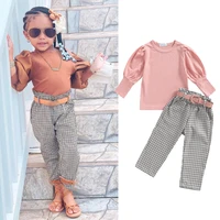 1 6y fashion children little girls autumn clothes sets toddler kids long puff sleeve solid topsplaid printed pants with belt