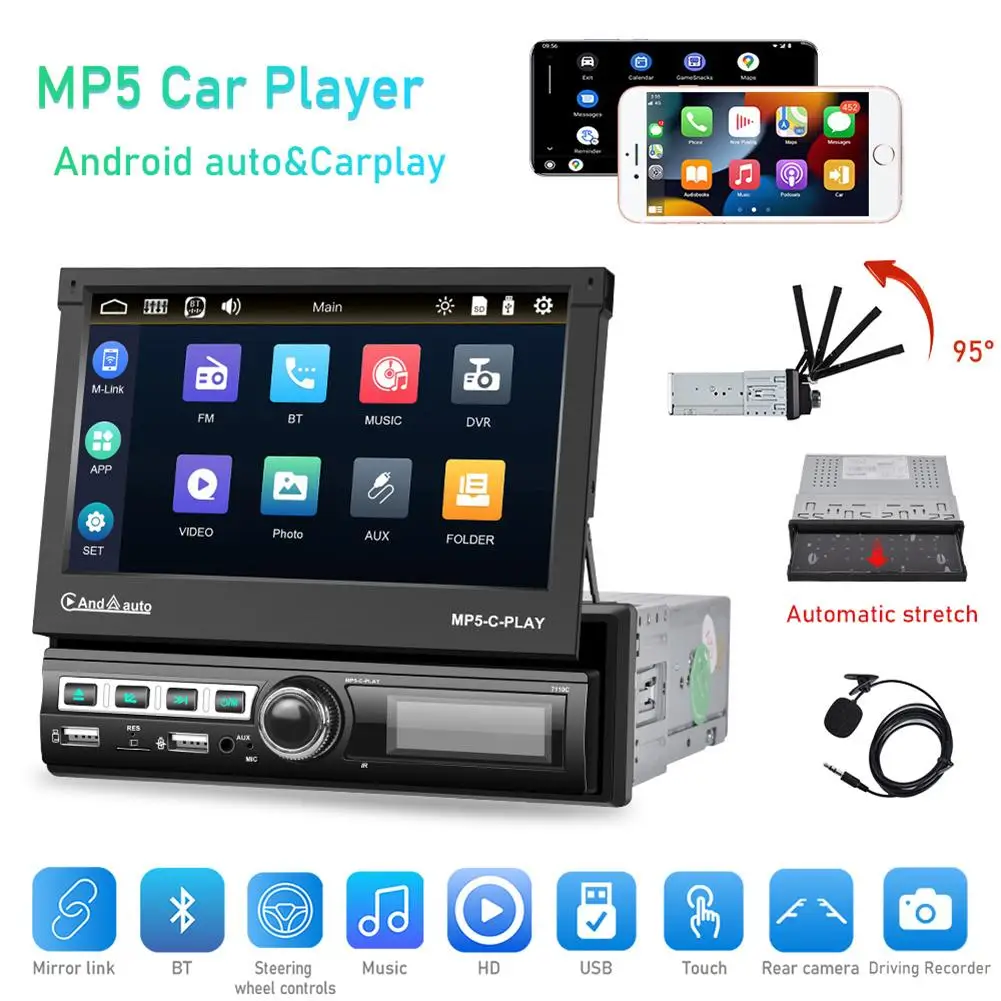 Single Din Car Multimedia Player Carplay 7 Inch Automatic Retractable Bluetooth-compatible Reversing Video Player 7110c