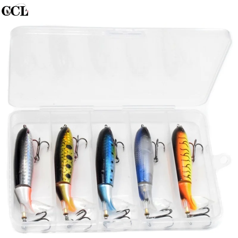 

CCLTBA 5PCS/ SET Plastic Box Topwater Fishing Lure 95MM 13.5G Angry Eyes Plastic Tail Rotation Floating Wobbler Hard Bait
