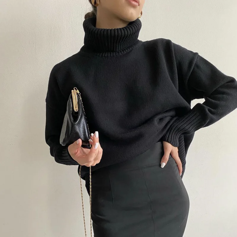 

Fashion Women Knitted Pullover Solid Color and High Neck Loose Casual Sweaters