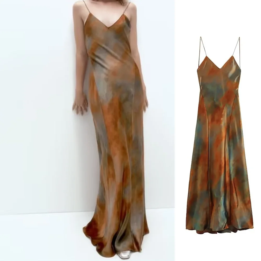

UNIZERA 2023 Summer New Women's Wear European and American Style Silk Satin Texture Printed Dress 802543