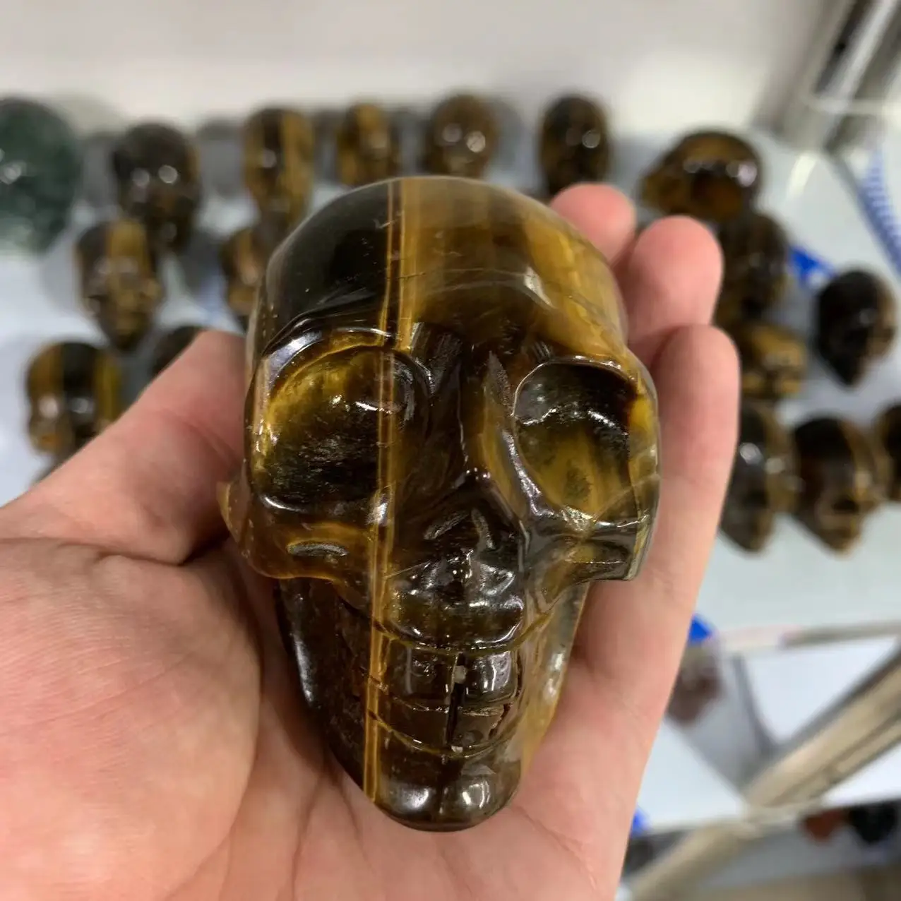 

Beautiful Natural Yellow Tiger Eye Stone Bone Spirit Meditation Stone Sorcery Skull Stone Feng Shui Crystal Home Energy Ornament