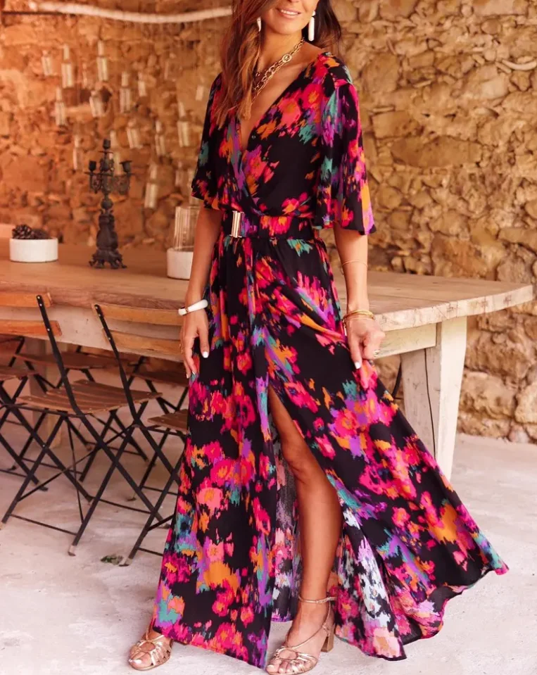 

One Piece 2022 Summer Women's New Fashion Allover Print Bell Sleeve High Slit Casual Vacation Maxi Dress With Belt